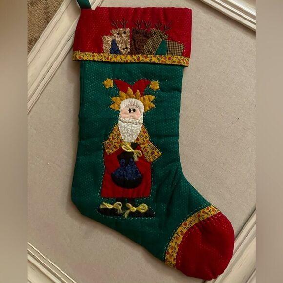 Vintage handsewn patchwork Christmas stocking with bows on shoes and coat - Picture 1 of 5